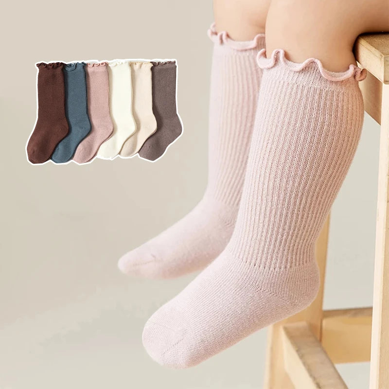 2Pair Kids Toddler Ruffle Knee High Socks Baby Girls Long Cotton Socks