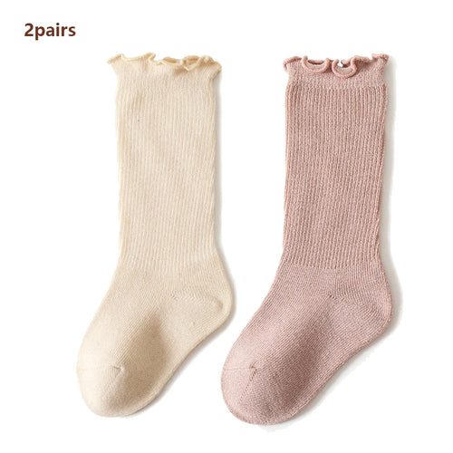 2Pair Kids Toddler Ruffle Knee High Socks Baby Girls Long Cotton Socks