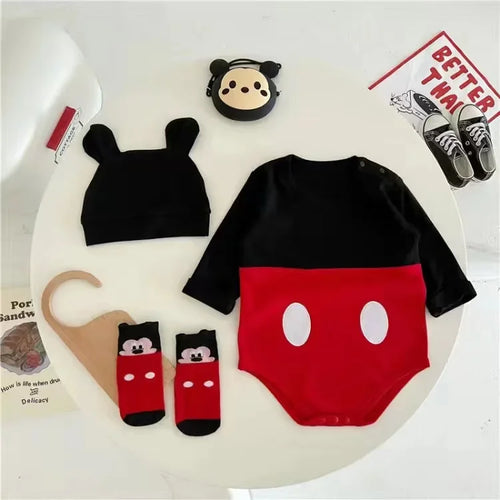 Spring Newborn Baby Rompers Sock Hat 3pcs Set Cartoon Mickey Mouse