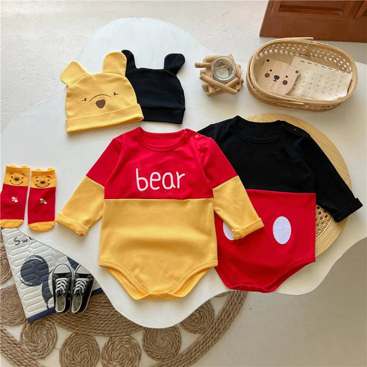 Spring Newborn Baby Rompers Sock Hat 3pcs Set Cartoon Mickey Mouse