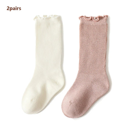 2Pair Kids Toddler Ruffle Knee High Socks Baby Girls Long Cotton Socks